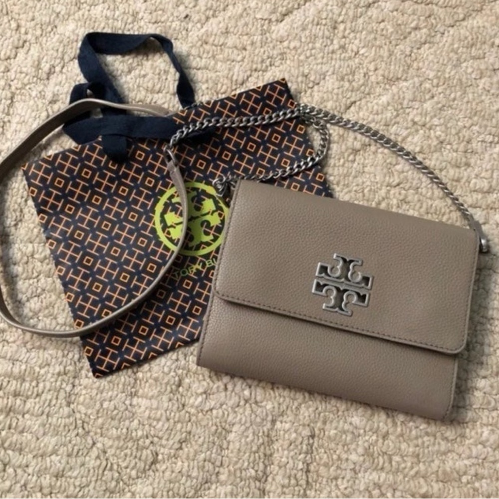 Tory Burch Britten Chain Moose Pebbled Leather Handbag Wallet Purse